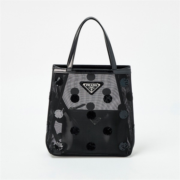 PRADA ポルカドット スモール ハンドバッグ 1BG417 ブラック シルバー メッシュ レザー