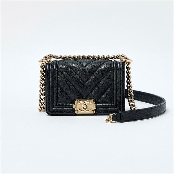 CHANEL ボーイシャネル 2WAYチェーンハンドバッグ ミニ 2021年以降 ショルダーバッグ ブラック ゴールド キャビアスキン