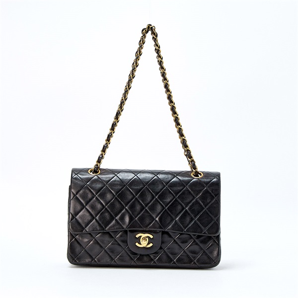 CHANEL マトラッセ 25 ダブルフラップダブルチェーン 1995年頃 ショルダーバッグ ブラック ゴールド ラムスキン