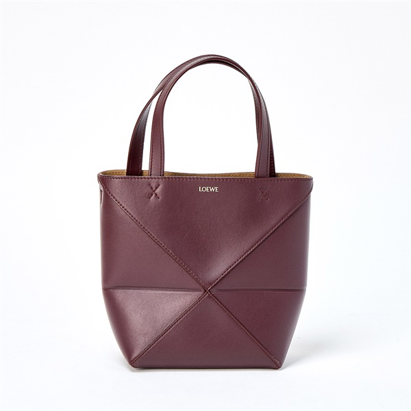 LOEWE パズル フォルド トート ミニ ハンドバッグ ダークバーガンディ ゴールド シャイニーカーフ