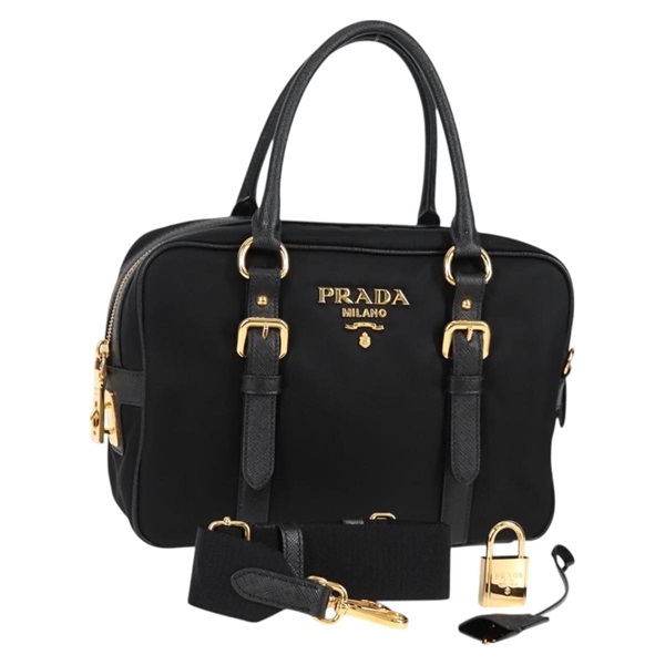 PRADA ロゴ 2WAYハンドバッグ ハンドバッグ ブラック ゴールド テスート