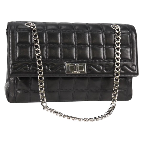 CHANEL 2.55 シングルフラップダブルチェーン 2001年 ショルダーバッグ ブラック シルバー ラムスキン