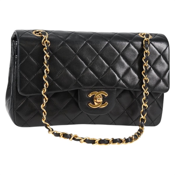 CHANEL マトラッセ ダブルフラップダブルチェーン 23 1990年 ショルダーバッグ ブラック ゴールド ラムスキン