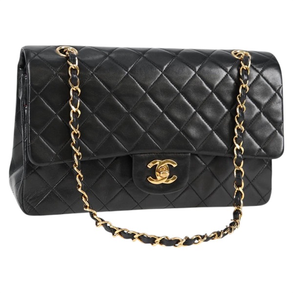 CHANEL マトラッセ ダブルフラップダブルチェーン 25 1990年 ショルダーバッグ ブラック ゴールド ラムスキン