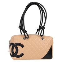 CHANEL カンボン ボストン 2004年 トートバッグ ベージュ ブラック シルバー ラムスキン