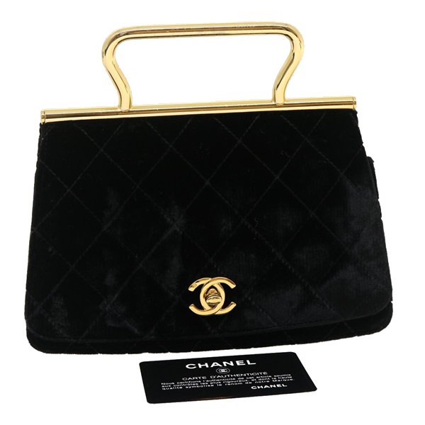 シャネル CHANEL ハンドバッグ ターンロック フラップ マトラッセ ベルベット ブラック ゴールド レディース 29565A