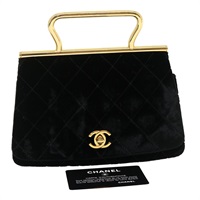 シャネル CHANEL ハンドバッグ ターンロック フラップ マトラッセ ベルベット ブラック ゴールド レディース 29565A
