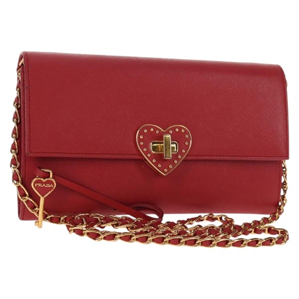 【原宿店限定】プラダ PRADA 財布 チェーンショルダーウォレット サフィアーノレザー レッド ゴールド BT770C レディース 145801V