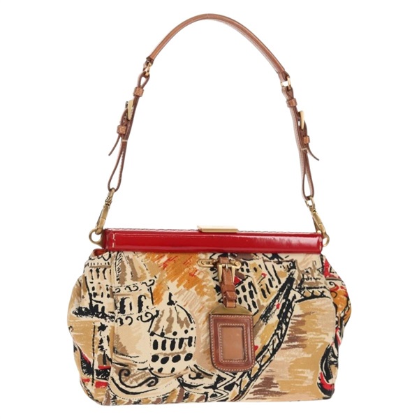 【原宿店限定】プラダ PRADA ショルダーバッグ がま口 キャンバス レザー ベージュ レッド レディース yk19663V