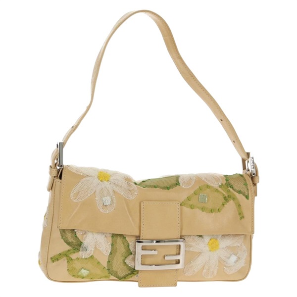 【原宿店限定】フェンディ FENDI マンマバゲット ショルダーバッグ フラワー レザー ベージュ シルバー レディース yk19724V