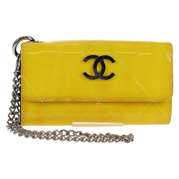 【原宿店限定】シャネル CHANEL 財布 マトラッセ チェーン パテントレザー イエロー シルバー レディース 143166V
