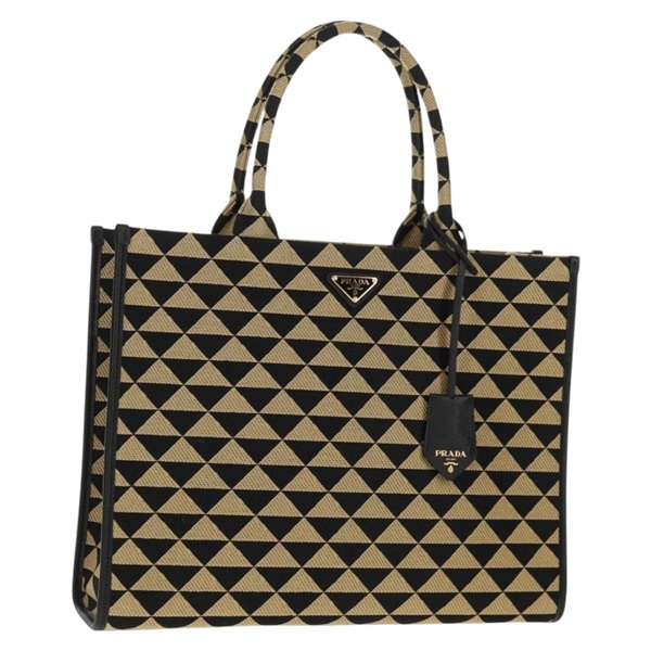 【原宿店限定】プラダ PRADA シンボルエンブロイダリーファブリック ラージハンドバッグ ハンドバッグ ファブリック レザー ブラック ベージュ 1BA356 レディース 148524M