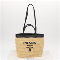 【原宿店限定】PRADA Hand Bag Straw Leather 2way Beige Black Auth ka156AV