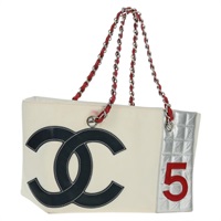 【原宿店限定】シャネル CHANEL ショルダーバッグ チェーン チョコバーライン No5 キャンバス ホワイト シルバー レディース 168140V