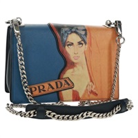 【原宿店限定】プラダ PRADA ショルダーバッグ チェーン サフィアーノレザー ブルー オレンジ レディース gh1673V
