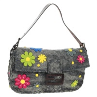 フェンディ FENDI マンマバゲット ショルダーバッグ フラワー柄 ウール グレー シルバー レディース 168312SAV