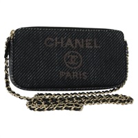 シャネル CHANEL 長財布 ドーヴィルライン ココマーク チェーン ラフィア ネイビー ゴールド レディース 127827M