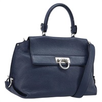 サルヴァトーレフェラガモ Salvatore Ferragamo ハンドバッグ ガンチーニ レザー 2way ネイビー シルバー レディース AMZ562A
