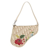 クリスチャンディオール Christian Dior サドルポーチ ハンドバッグ トロッターキャンバス 刺繍 PVC ベージュ シルバー レディース BAZ521V