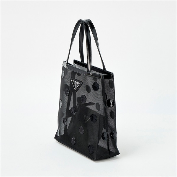 PRADA ポルカドット スモール ハンドバッグ 1BG417 ブラック シルバー メッシュ レザーの画像1