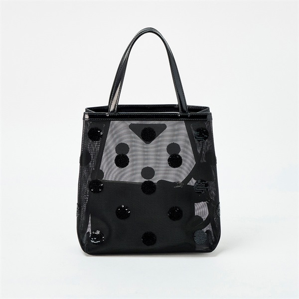 PRADA ポルカドット スモール ハンドバッグ 1BG417 ブラック シルバー メッシュ レザーの画像2