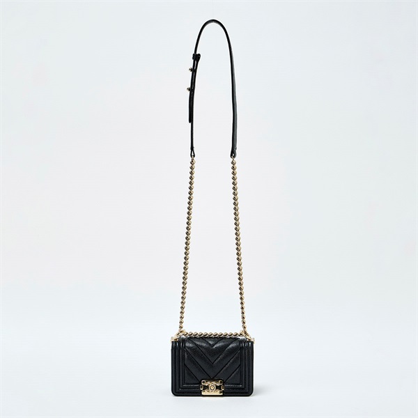 CHANEL ボーイシャネル 2WAYチェーンハンドバッグ ミニ 2021年以降 ショルダーバッグ ブラック ゴールド キャビアスキンの画像5