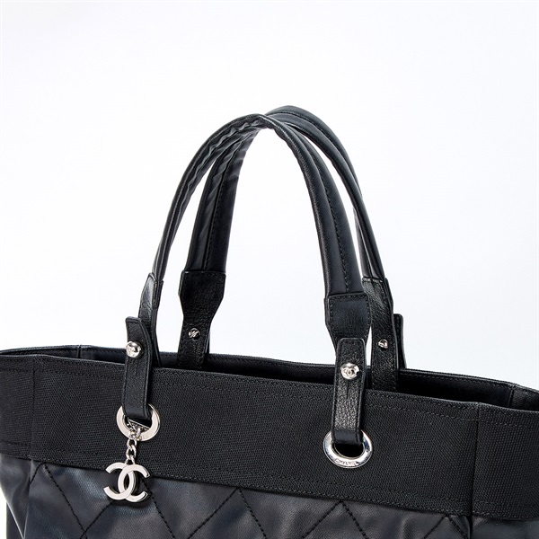 CHANEL パリビアリッツ MM トートバッグ ブラック シルバー コーティングキャンバスの画像3