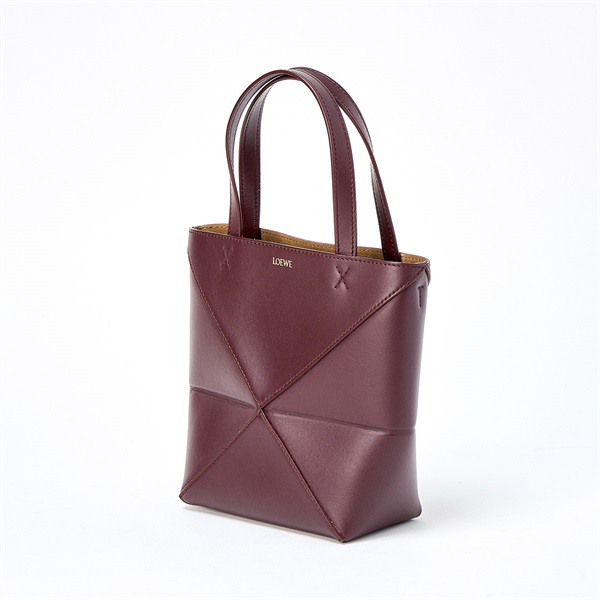 LOEWE パズル フォルド トート ミニ ハンドバッグ ダークバーガンディ ゴールド シャイニーカーフの画像1