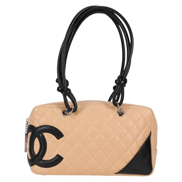 CHANEL カンボン ボストン 2004年 トートバッグ ベージュ ブラック シルバー ラムスキンの画像1