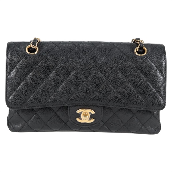 CHANEL マトラッセ ダブルフラップダブルチェーン 25 2012年 ショルダーバッグ ブラック ゴールド キャビアスキンの画像1