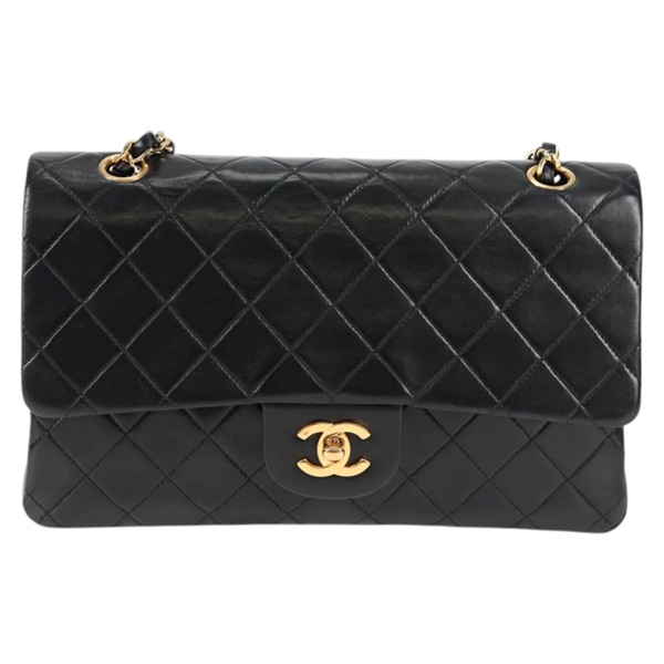 CHANEL マトラッセ ダブルフラップダブルチェーン 25 ショルダーバッグ ブラック ゴールド ラムスキンの画像1