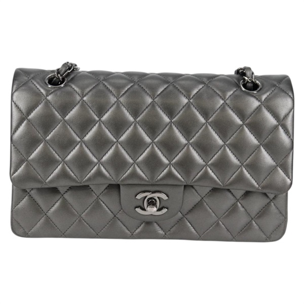CHANEL マトラッセ ダブルフラップダブルチェーン 25 2014年 ショルダーバッグ マットシルバー シルバー ラムスキンの画像1
